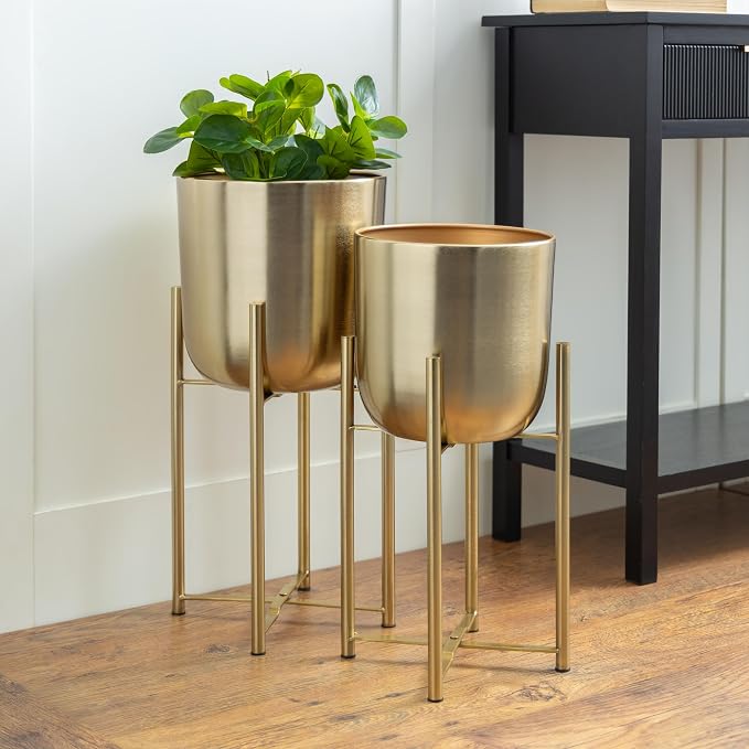 CosmoLiving by Cosmopolitan Metal Dome Planters, Set of 2, 19", 22"H, Gold | Large planter pots with removable plant stand indoor outdoor use, not watertight