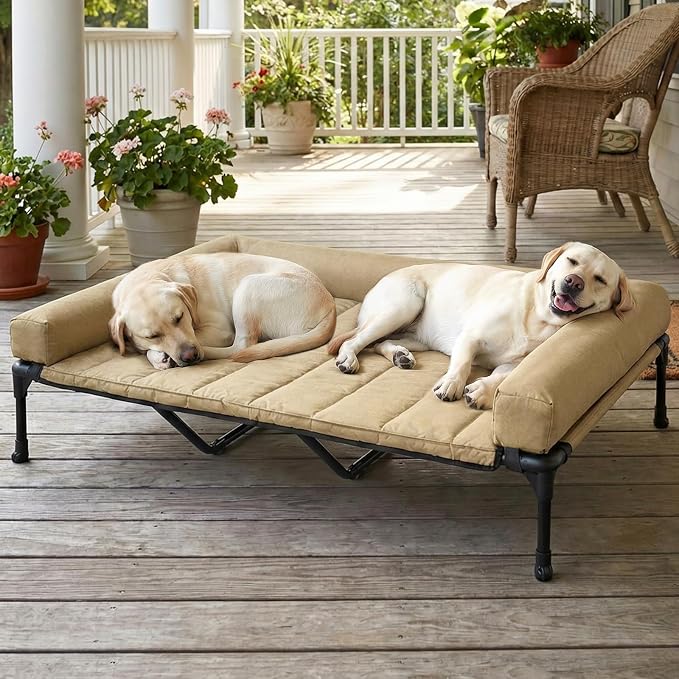Veehoo Cooling Elevated Dog Bed Add Removable Waterproof Bolster Cushion Mat, Raised Pet Cot with Breathable Teslin Mesh, No-Slip Feet, Dog Couch Bed for Indoor Outdoor, 59x37.5inches, Beige, CWC2331B