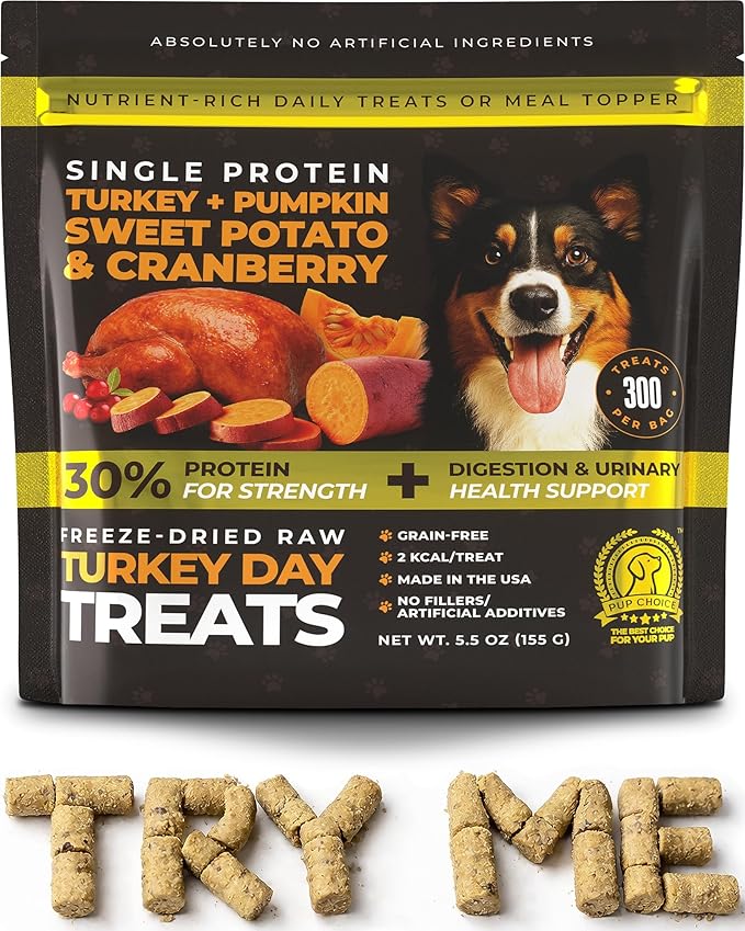 Turkey Day Treats & Meal Topper – Freeze-Dried Turkey Dog Treats, Kibble Mixer with Pumpkin & Sweet Potato – 30% Single Protein, Grain-Free Training Treats – Made in USA, 5.5 oz