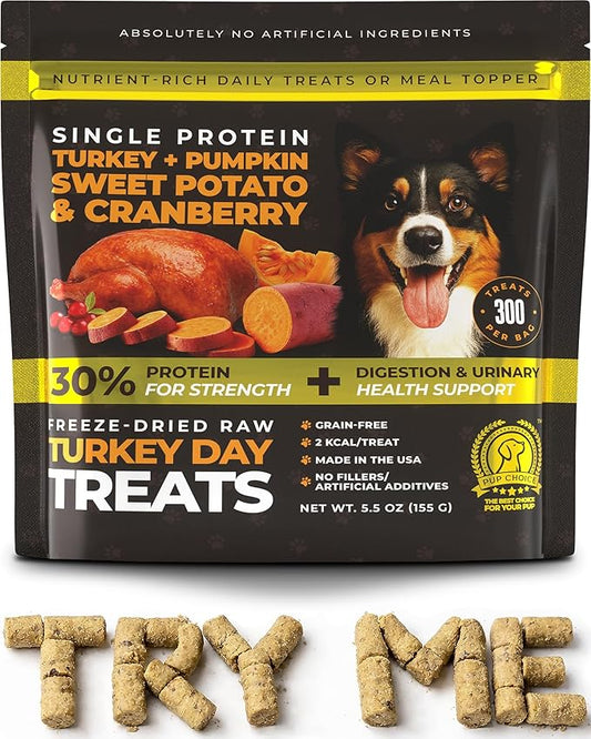 Turkey Day Treats & Meal Topper – Freeze-Dried Turkey Dog Treats, Kibble Mixer with Pumpkin & Sweet Potato – 30% Single Protein, Grain-Free Training Treats – Made in USA, 5.5 oz