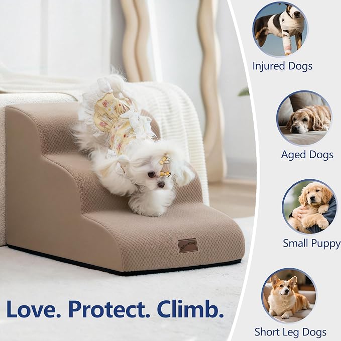 GoGoBunny Ramp Dog Stairs for Couch Sofa and Chair 11.8" H, 2-Step Pet Steps for Small Dogs and Cats, Non-Slip Waterproof Fabric Cover, Stable and Balanced Indoor Step, Pets Friendly, Camel