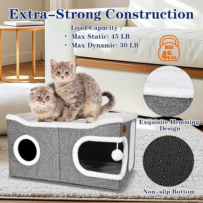 Extra Large Cat Beds for Indoor Cats, Covered Cat Cave Beds & Furniture with Scratch Pad and Fluffy Ball, Foldable Cat Condo Hideaway with Reversible Cushion for Multi Small Pet Large Kittens, Grey