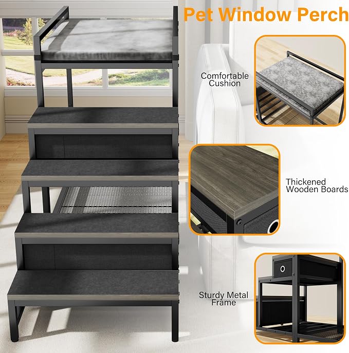 kepptory Pet Bunk Bed with Stairs and Storage, Dog Beds Attachment to Human Bed, Bedside Dogs Cot for Small, Medium Cats & Dogs, Pet Window Perch (Grey)