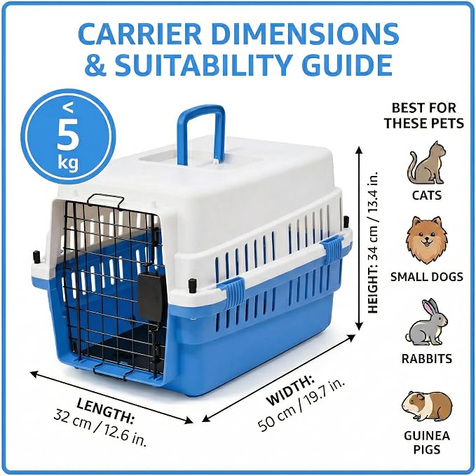 Hard-Sided Pet Carrier for Cats and Small Dogs, 20" Sturdy Travel Kennel with Secure Wire Door & 360° Ventilation, Portable Plastic Crate for Vet Visits & Car Travel (White/Blue)