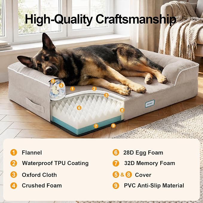 OhGeni Orthopedic Extra Large Dog Bed Couch, Memory Foam, 44-inch (Beige) | Waterproof Pet Bed with Machine-Washable Removable Cover & Soft Comfortable Fabric