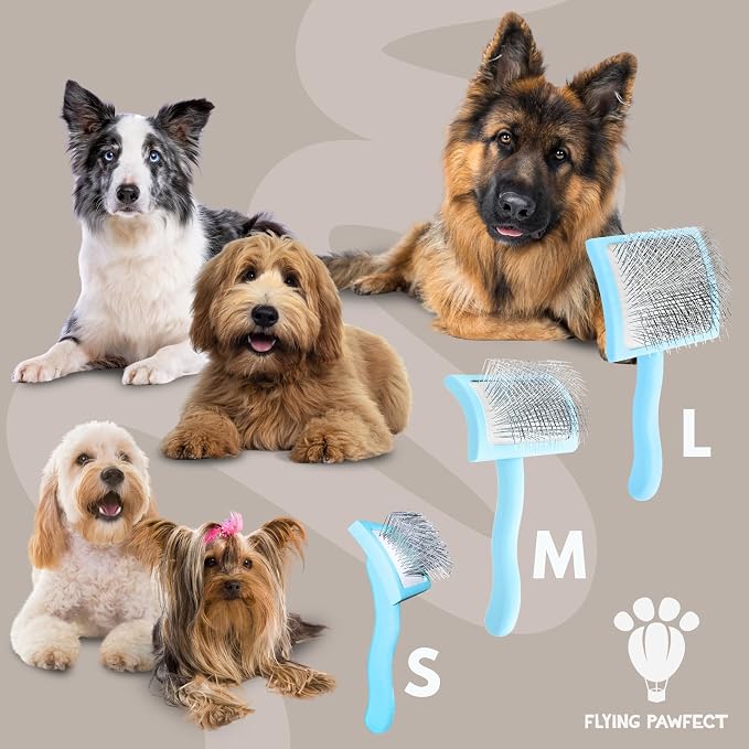Pet Slicker Brush With Soft Massage Grooming Stainless Steel Pins - For Dematting, Shedding Fur, and Undercoat - Ideal Gift for Professional Pet Groomers - Long Slicker Brush (Blue, Curved Medium)