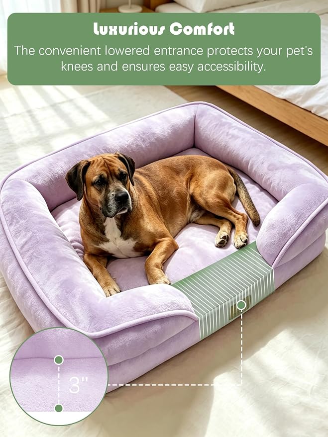 Spotted Play Orthopedic Dog Bed with Sides - Sofa Beds for Large Dogs, Supportive Foam Pet Couch Bed with Washable Removable Cover, Waterproof Lining and Non-Slip Bottom, Purple - L-Plus