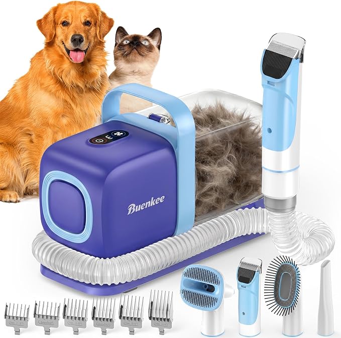 Buenkee Dog Grooming Vacuum Kit, 15000Pa Clipper, Shedding Brush, 2L, Blue | Brush, trim and deshed at home with less flying fur, mess-control suction and fewer emptying breaks during longer sessions