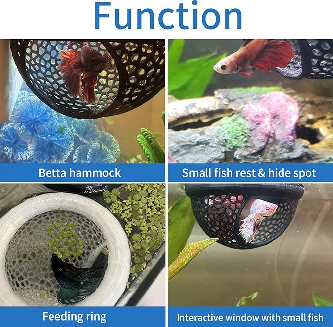 2 PCS Betta Hammock,Bett a Bed, Floating Betta Fish Hammock, 3D Printed Aquarium Decor, Betta Fish Feeder, Safe Resting Spot for Betta, Shrimp and Small Fish (Black)