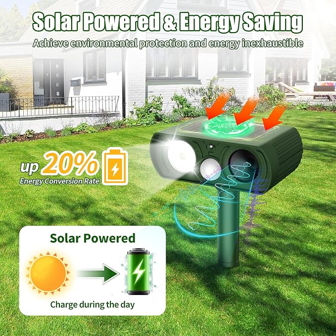 Solar Ultrasonic Animal Repellent, Deer Repellent Devices Waterproof, Cat Repellent Outdoor with Motion Detection Squirrel Skunk Rabbit Dog Raccoon Deterrents Animal Repeller for Yard, 2 Pack, Green