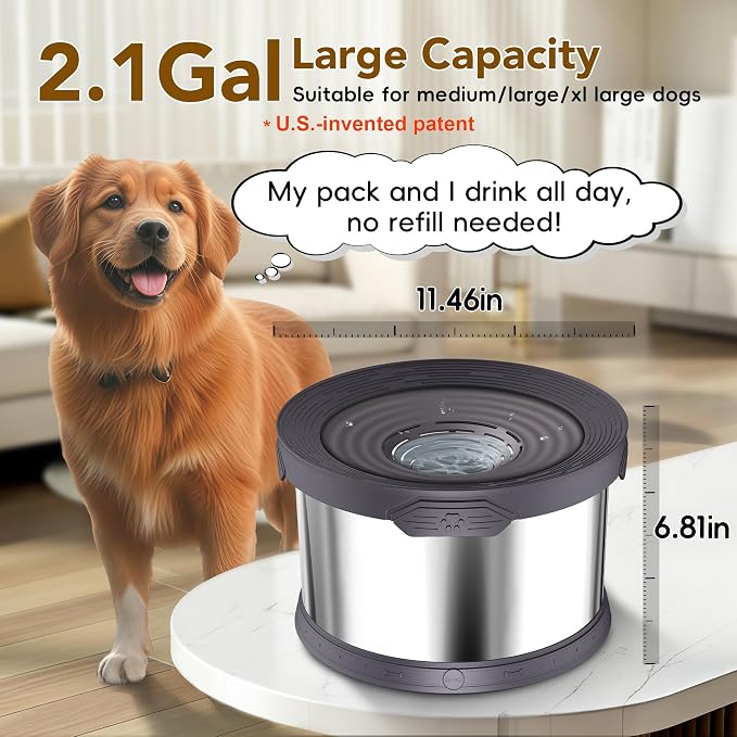UPSKY 8L Dog Water Bowl No Spill Stainless Steel for Slow Drinking Gray | Large Capacity, Spill-proof, Non-slip Design, Durable, For Large Dogs, Messy Drinkers & Multi-pet Homes, Outdoor / Indoor