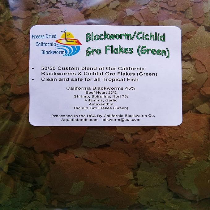 Aquatic Foods Inc. Flakes - 45% California Blackworm & Cichlid Green GRO Flake Mix for Discus, Cichlids, Tetras, Guppies, Live Bearers, All Community Tropical Fish - Premium AF Flakes - 1-lbs