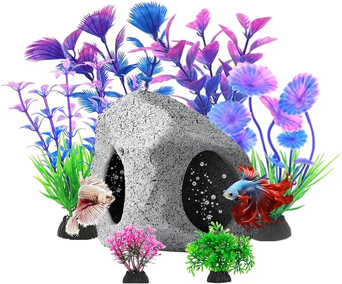 Fish Tank Decorations Set, Aquarium Decor Hideaway Rock Cave x 1pc, Decor Accessories Aquatic Plants x 6pcs.
