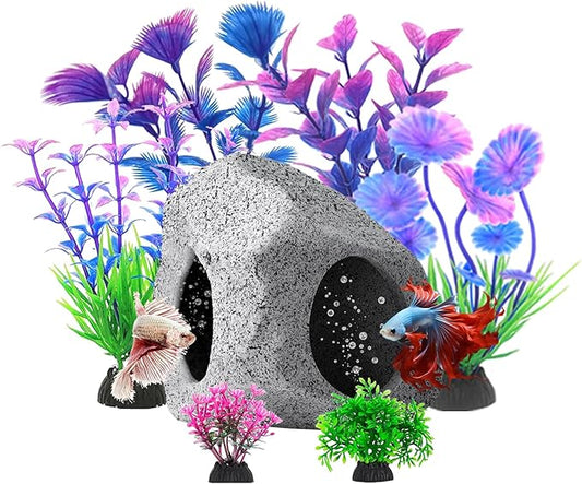Fish Tank Decorations Set, Aquarium Decor Hideaway Rock Cave x 1pc, Decor Accessories Aquatic Plants x 6pcs.