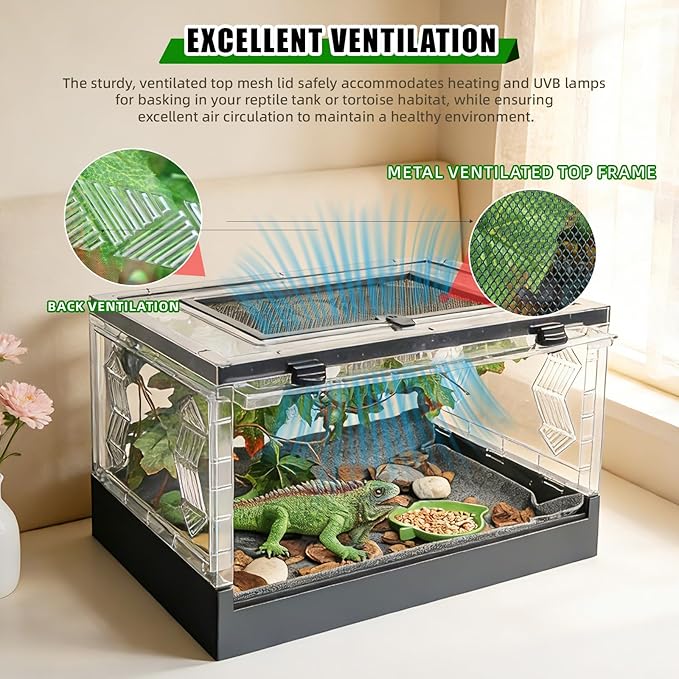 Travel Foldable Reptile Terrarium with Sliding Door Portable Spider Enclosure, Lizard Cage, Plastic Habitat for Tarantula, Tree Frog, Leopard Gecko, Snake, Ventilated Terrarium Starter Kit Black
