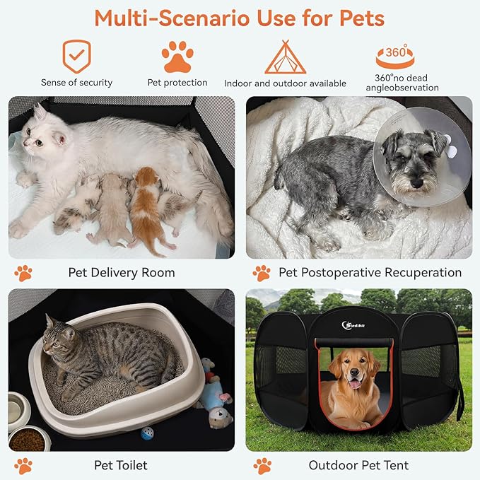 Siedihit Dog Playpen, Large Puppy Pet Playpen, Dog Crate Tent Cage Indoor | Outdoor, Portable Pop Up Dogs Kennel Playpen with Carrying Case for Dogs/Cats/Rabbits, Black