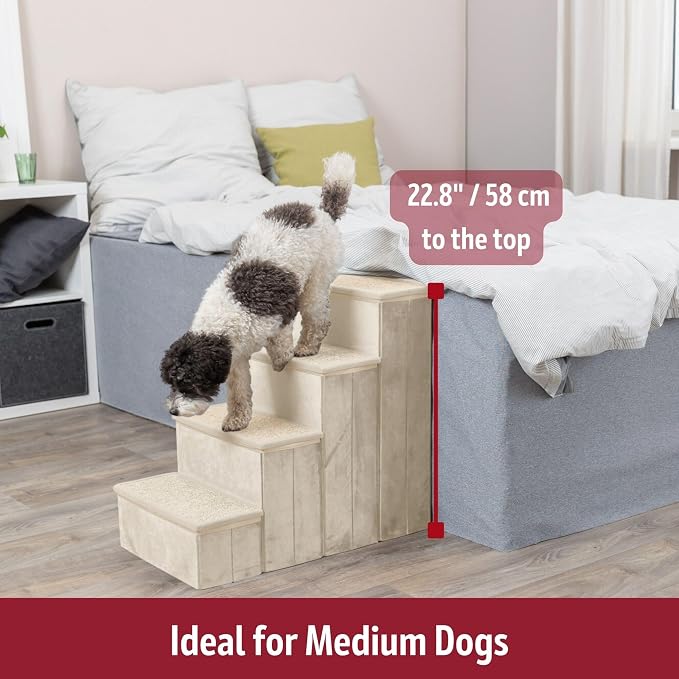 TRIXIE 4-Step Velour Pet Stairs, Beige | Collapsible, Storage Compartments for Pet Toys, Ideal for Dogs and Cats