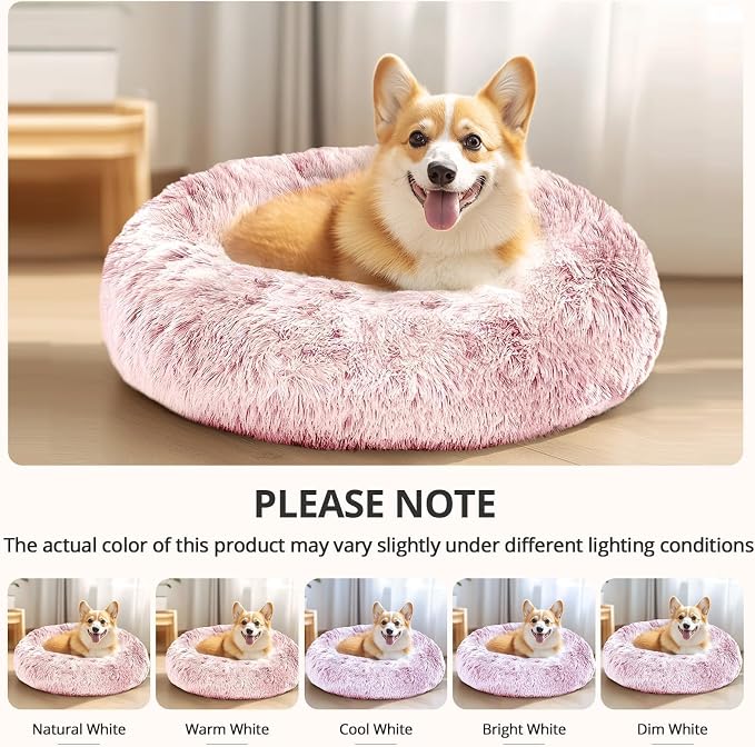 JOLLYVOGUE Calming Dog Bed Medium Size Dog, 31in Donut Washable Medium Pet Bed, Anti-Slip & Anti-Anxiety Fluffy Faux Fur Round Dogs Bed, Fits up to 45 lbs Pets (Smoke Pink)
