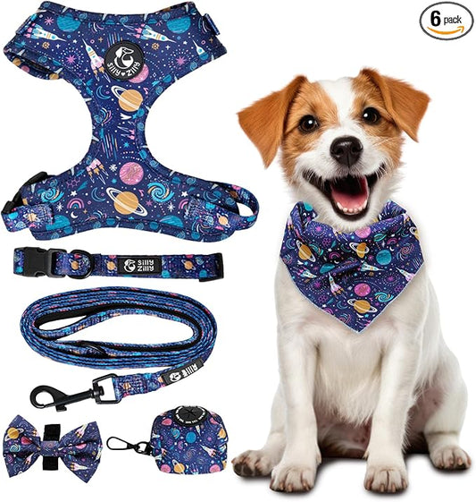 No Pull Harness and Leash Set - 6-in-1 Adjustable Vest Harness and Collars for Medium and Large Dogs. (Cosmic, Medium)