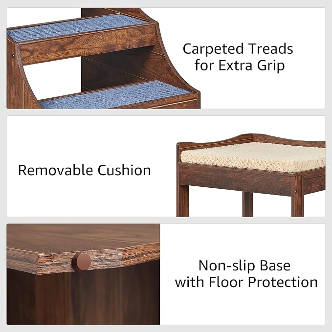 unipaws Large Pet Bunk Bed with Removable Step for Dogs and Cats | Multi-Level Bed Window Perch Seat Platform with Cushion, Indoor Use, Walnut