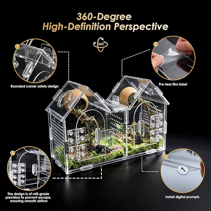 Jumping Spider Enclosure, Acrylic Terrarium with Partition Divider (1-2 Compartments), Dual Magnetic Doors & All-Side Ventilation, Jumping Spiders, Tarantulas, Mantis, GeckosHabitat, 9.6x4.2x5.8