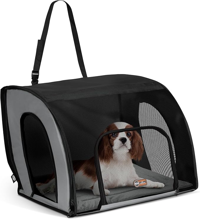 K&H Dog Car Seat, Travel Safety Carrier for Pets, Medium, Gray/Black | Enclosed Car Seat for Dogs, Soft-Sided Covered Pet Carrier, Washable Pad, Multiple Entrances, Mesh Windows, 24x19x17in