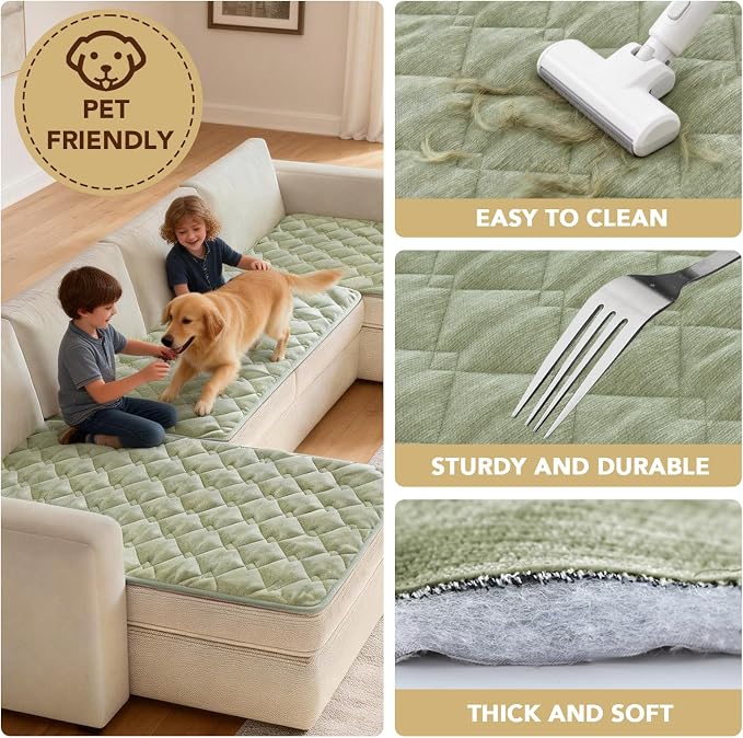 H.VERSAILTEX Chenille Couch Cover for Dogs Washable Soft Fuzzy Sofa Covers for 3 Cushion Couch Sectional Sofa Cover Thick Pet Couch Cover Protector Non-Slip Dog Bed Cover(Tender Green, 28" x 102")