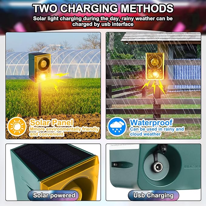 Qualirey Solar Outdoor Motion Sensor Alarm with Stake Gunshot Sound Dog Barking, 3 Modes Support Recording & Adjustable Volume USB Charging 129 dB Loud Noise Maker for Animal Deterrent (8 Pcs,Yellow)