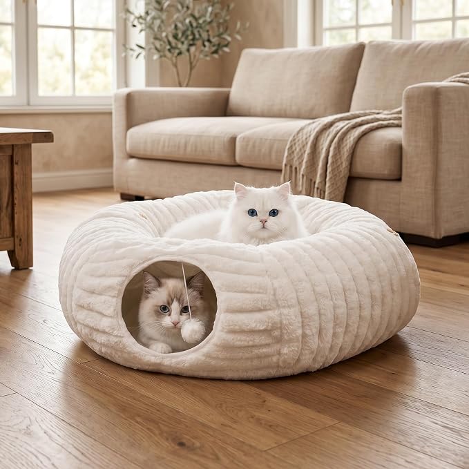 Dogpals Cat Tunnel Bed Cave 33" Lx10 Wx10 H for Indoor Cats (White) | Washable Cozy Cushion, Soft Striped Plush Fabric, Hideaway Peekaboo Cave for Kittens, Puppies, Rabbits & Small Pets