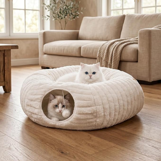 Dogpals Cat Tunnel Bed Cave 33" Lx10 Wx10 H for Indoor Cats (White) | Washable Cozy Cushion, Soft Striped Plush Fabric, Hideaway Peekaboo Cave for Kittens, Puppies, Rabbits & Small Pets