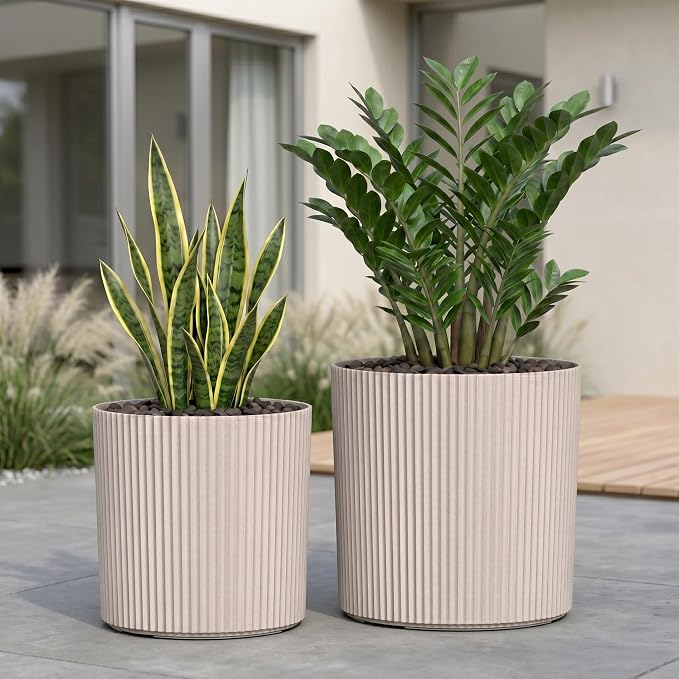 Mayne Haven Set of 2 (12in and 14in) Fluted Planter, Round Planters for Outdoor Plants, Lightweight Concrete Look Plant Pots for Porch, Patio, Garden and Entryway Décor, Chai