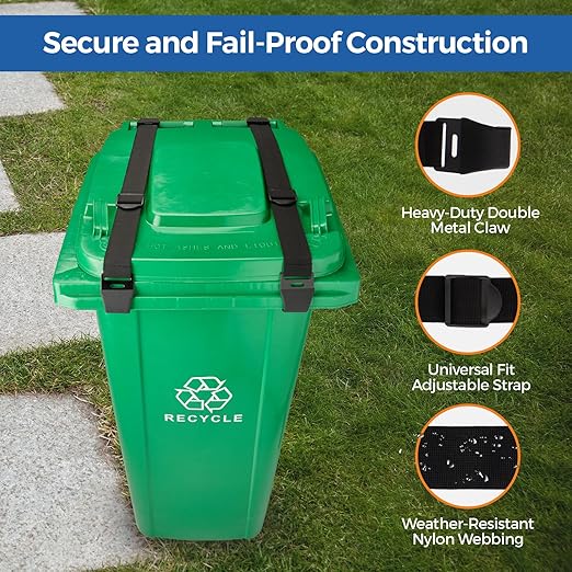 2PCS Bear Proof Trash Can Lock with Double Metal Claw - Heavy Duty Garbage Can Locks for Animals - Adjustable Strap Lid Lock for 32-96 Gallon Outdoor Cans - Secure Against Raccoons & Squirrels