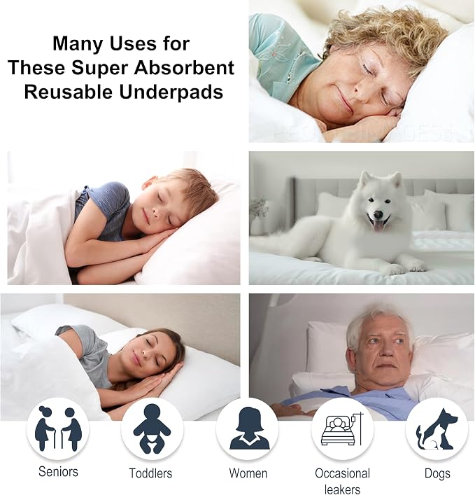 AbsorbEase® Washable Underpads Heavy Absorbency Reusable Bedwetting Incontinence Pads for Kids, Adults, Elderly, and Pets - Waterproof Pad for Bed, Couch, Sofa, Floor (34" x 36" (Pack of 4))