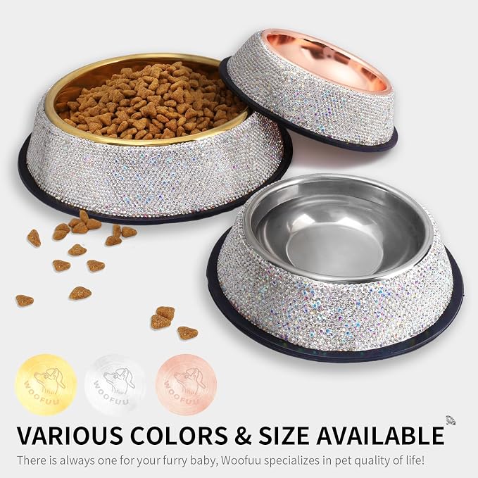 Sparkly Full Rhinestones Designed Rose Gold Stainless Steel Pet Bowl - Stylish and Practical Diamond Food Water Dishes Bowls for Small Medium Large Cats Dogs Rabbits