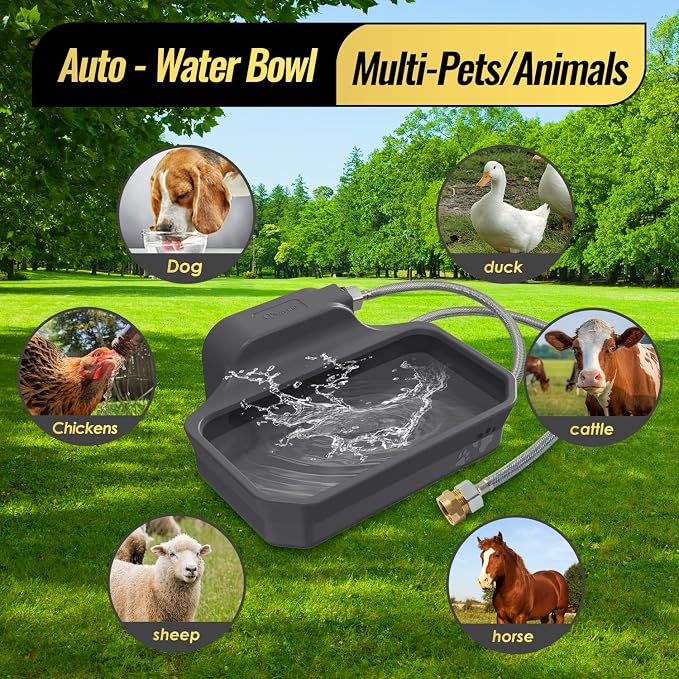 FICUSWIN 135OZ Automatic Water Dispenser for Large Dogs Patented Outdoor Dog Water Bowl Dispenser Automatic Dog Feeder Fit 3/4'' GHT Faucet Dog Waterer Include Water Hose Extra-Large Drinking Area