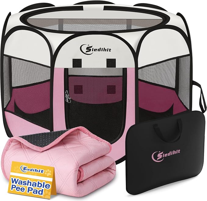 Siedihit Dog Pet Playpen Tent Crate Cage with Washable Pee Pad, Large Pink | Travel Camping Portable Pop Up Easy to Set up lightweight dog Kennel with Carrying Bag for Indoor/Outdoor Wide applicability