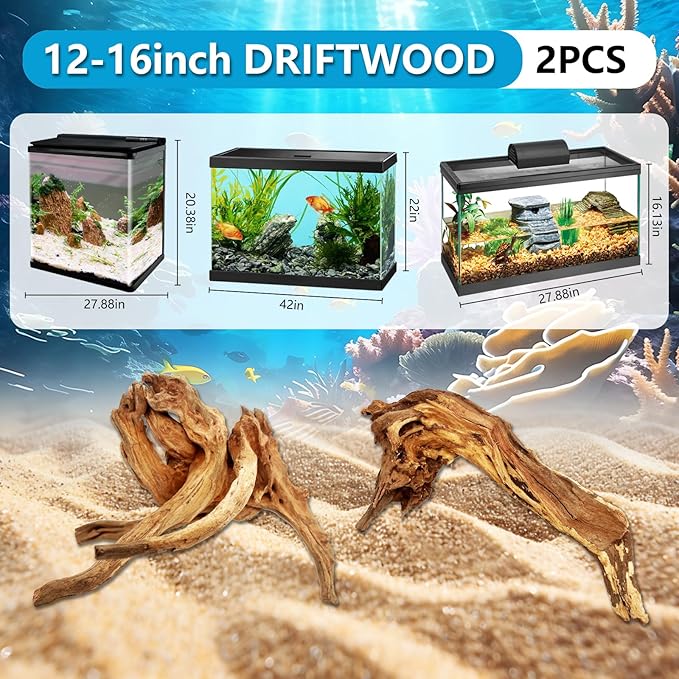 2 PCS Large Natural Aquarium Driftwood 12-16", Aquarium Drift Wood for Fish Tank Decoration, Assorted Size Mopani Wood Twisted Branches Trunk Decor for Freshwater, Reptile Terrarium