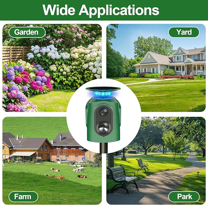 360° Solar Animal Repellent,Ultrasonic Cat Repellent Outdoor,Solar Animal Repeller with Motion Sensor,Waterproof Rabbit Repeller with Flashing Light Defender Dog Squirrel Deer Birds for Yard Orchard