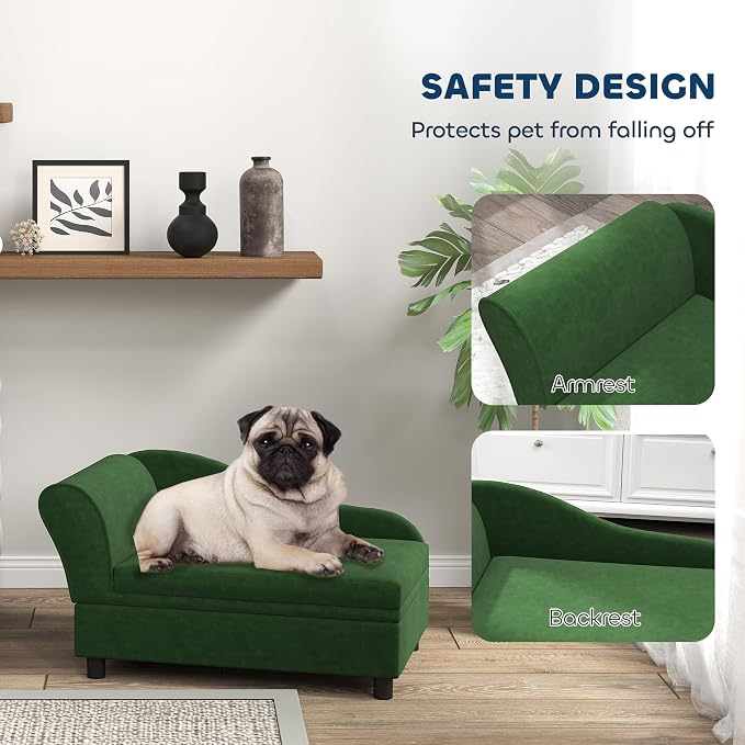 PawHut Luxury Fancy Dog Couch with Hidden Storage, Small Dog Sofa Bed with 2" Soft Foam, Modern Pet Furniture for Puppies & Little Breeds, Green | Small Dog Sofa Bed with 2" Soft Foam, Modern Pet Furniture for Little Breeds
