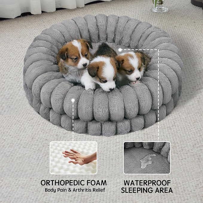 BALANCE Luxury Donut Dog Bed, 24 Inches Round Dog Beds for Small Dogs Washable, Orthopedic Calming Pet Bed for Puppy and Cats with Anti-Slip Bottom (Gray)
