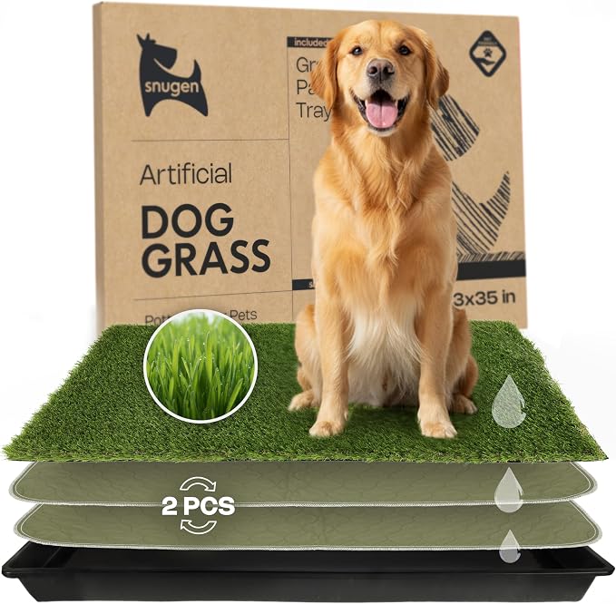 Dog Grass Pad with Tray 23”x35” – Artificial Pet Grass Patch for Dogs’ Potty with 2 Pcs of Washable Pee Pads & Puppy Potty Tray – Dog Litter Box Indoor & Outdoor for Puppy Training