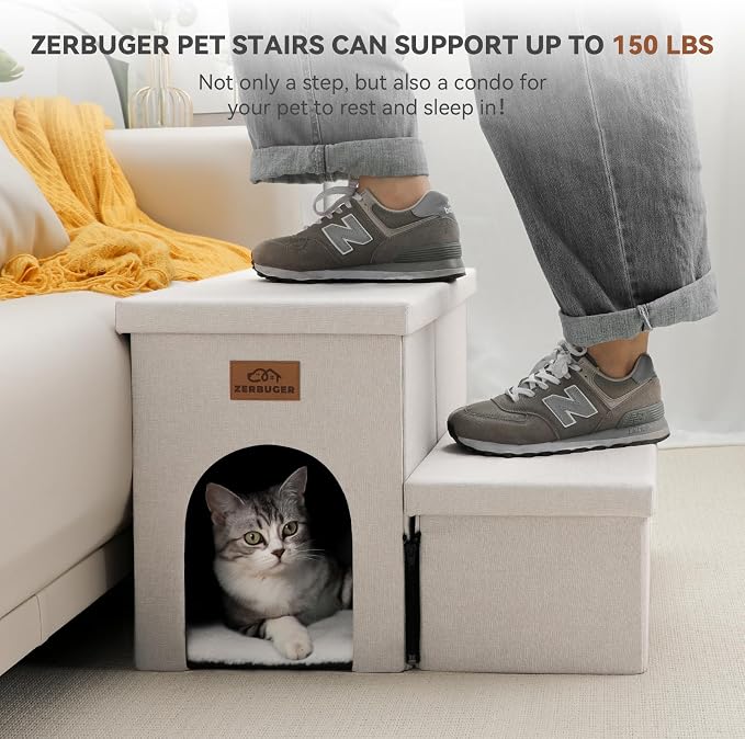 Zerbuger Dog Stairs with Storage, Beige 2 Steps Dog Ramp with Condo for Bed | 15" H Wider Dog Steps for Beds Couch, Folding Storage Pet Stairs Gift for Climbing Small/Medium/Large Old Dogs Cats