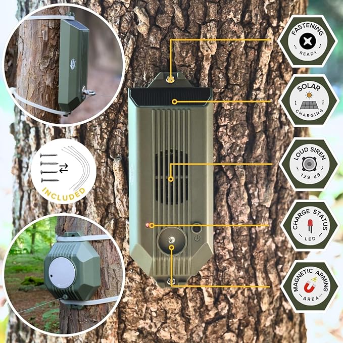 Alarme périmétrique Tactiko Wire Trip 2.0, alarme périmétrique rechargeable 129 dB – Câble de déclenchement en Kevlar de 24 m, solaire/USB, résistant aux intempéries, répulsif anti-ours pour camping, propriété, sécurité domestique (lot de 2)