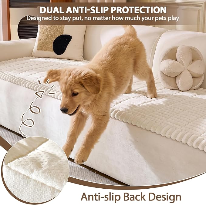 FUANGUI Waterproof Couch Cover Sofa Cover for Dogs and Pets Sofa Protector | Non-Slip Washable Fuzzy Soft Cat Bed Sofa Slipcover for 2-3 Cushion Couch Sofa Pet Friendly, Beige, 27.6" x 59.1", 1 pcs