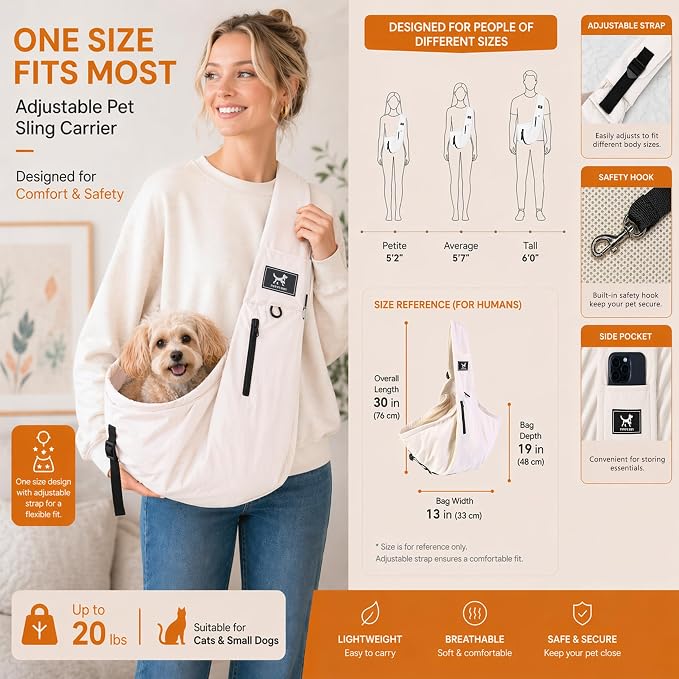 Dog Sling Carrier for Small Dogs & Cats 5-20 lbs, Adjustable Depth | Breathable Air Mesh Puppy Sling, Water-Resistant Travel Bag, Double Safety Leash, Machine Washable, Hands-Free Pouch, Apricot