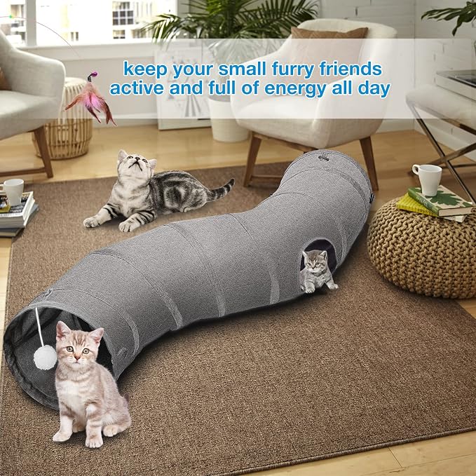 Ownpets S-Shape Cat Tunnel Toy 48"L x 10"D, for Cats, Puppies & Small Pets | Collapsible for storage, tear-resistant oxford fabric, connects to other tunnel, with peek hole, feather wand, indoor/outdoor