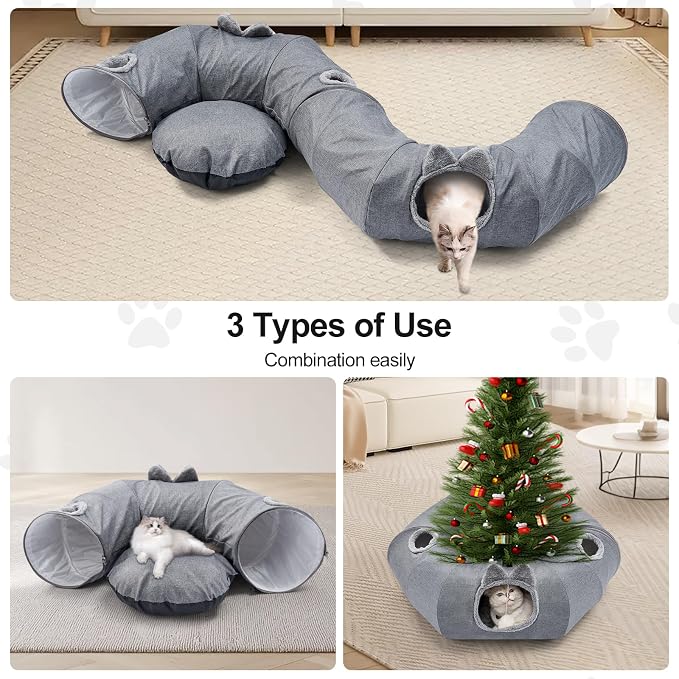 Linen Cat Tunnels with Central Cat Bed, Interactive Cat Toys Detachable Washable Soft Mat Large Indoor Play Tunnel Cave for Kittens and Small Animals