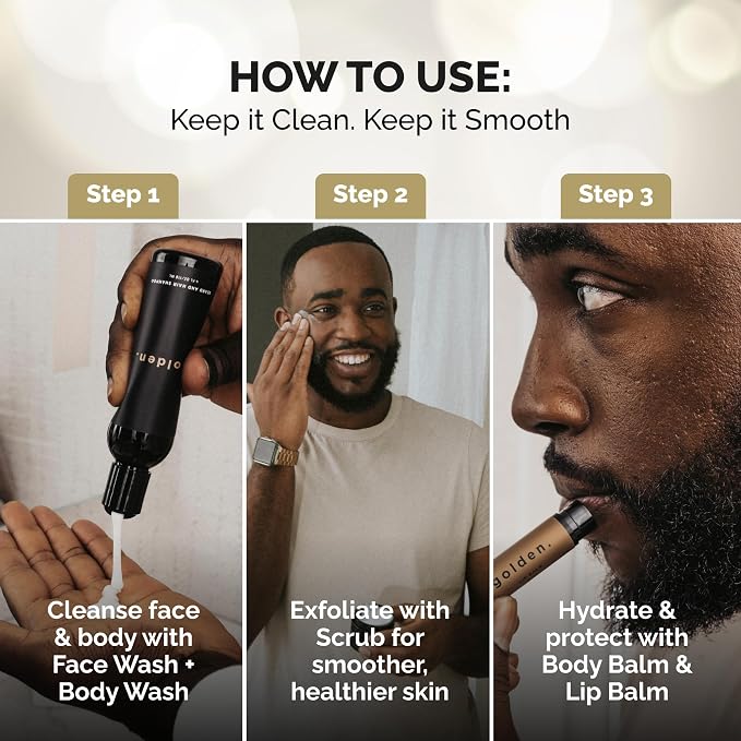 Golden Grooming Co. Essential Skincare Set for Men | Complete Face & Body Care Kit with Face Wash, Exfoliating Scrub, Body Wash, Tweezers & Lip Balms