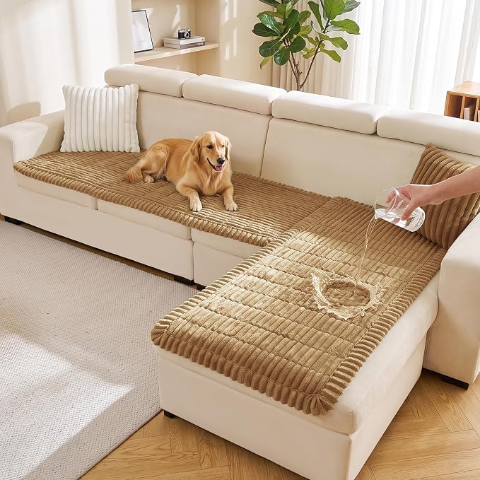 FUANGUI 2 Pack Waterproof Couch Cover for Dogs Pets Sofa Protector | Non-Slip Washable Fuzzy Soft Sofa Slipcover for 2 PCS L Shaped Sofa Pet Friendly, 27.6" x 59.1"+27.6" x 70.9", Camel