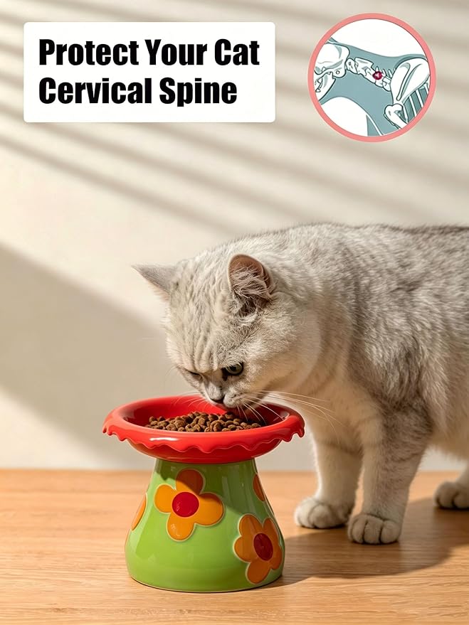 Mushroom Elevated Cat Bowls Ceramic, Cute Cat Bowls Whisker Fatigue | Raised Cat Bowl for Indoor Cats, Raised Dog Bowls Stand for Food and Water, Red 5.8" Wide for Adult Cats